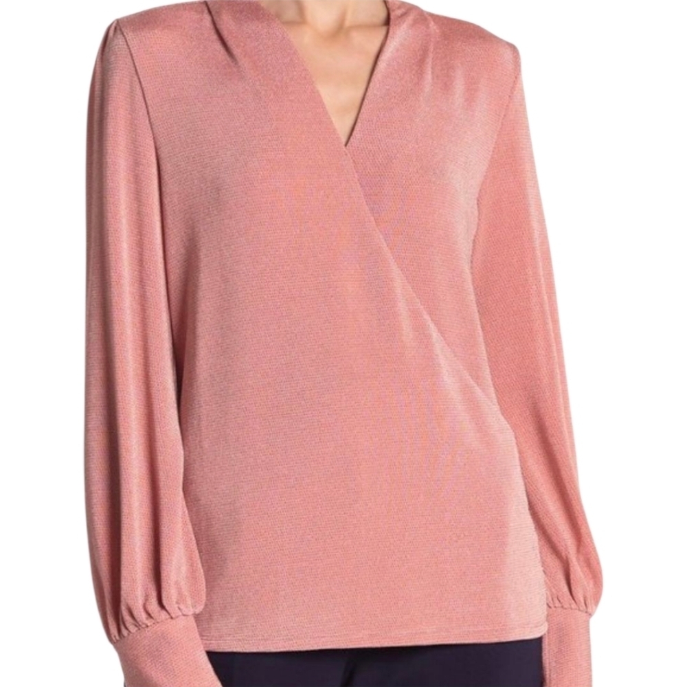 Adrianna Papell Long Sleeve Blouse Women's Size Large Faux Wrap blush/rose color